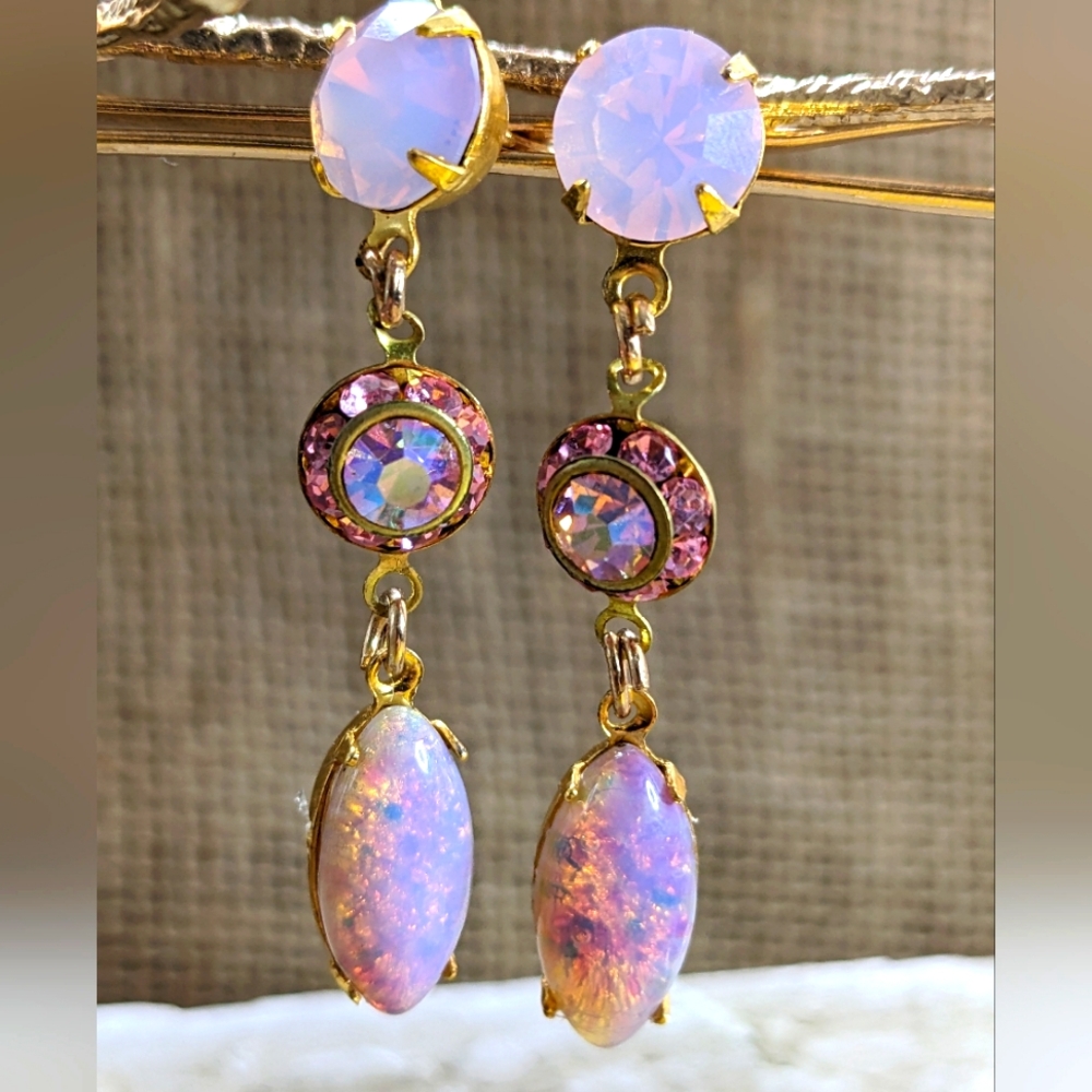 Swarovski Pink Opal, Flower & Pink Fire Opal in Drop Dangle Yellow Gold Earrings